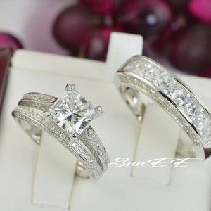 New His Hers Princess Cut Lab Diamond Wedding Engagement Ring Set